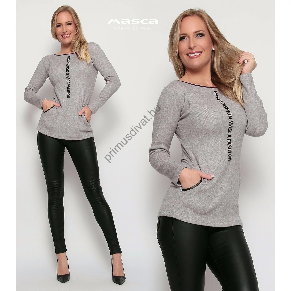 Masca Fashion csónaknyakú, hosszú ujjú, rugalmas kötött zsebes világosszürke-melange felső, pulóver, fekete textilbőr szegőkkel, márkafelirattal