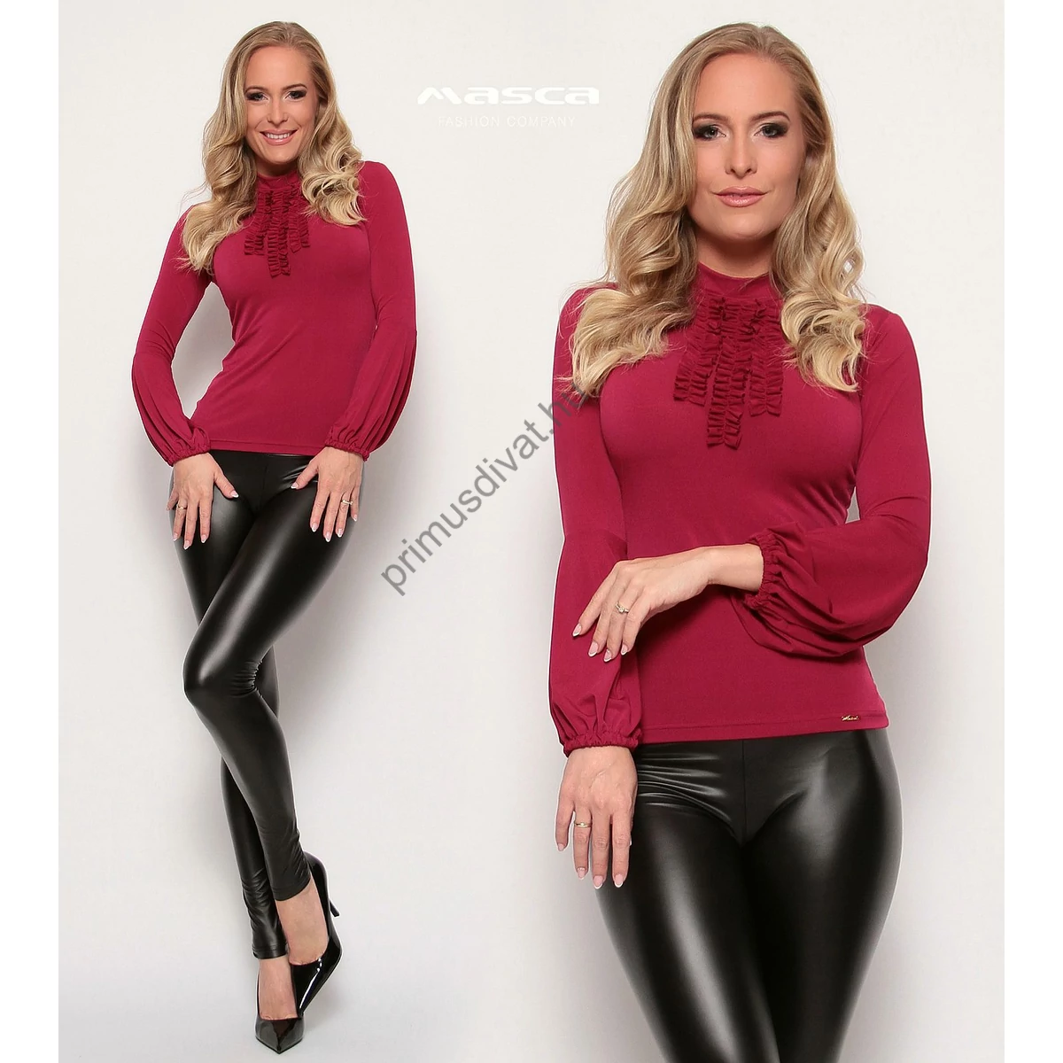 Masca Fashion garbós nyakú fodorrátétes, buggyos hosszú ujjú szűk felső