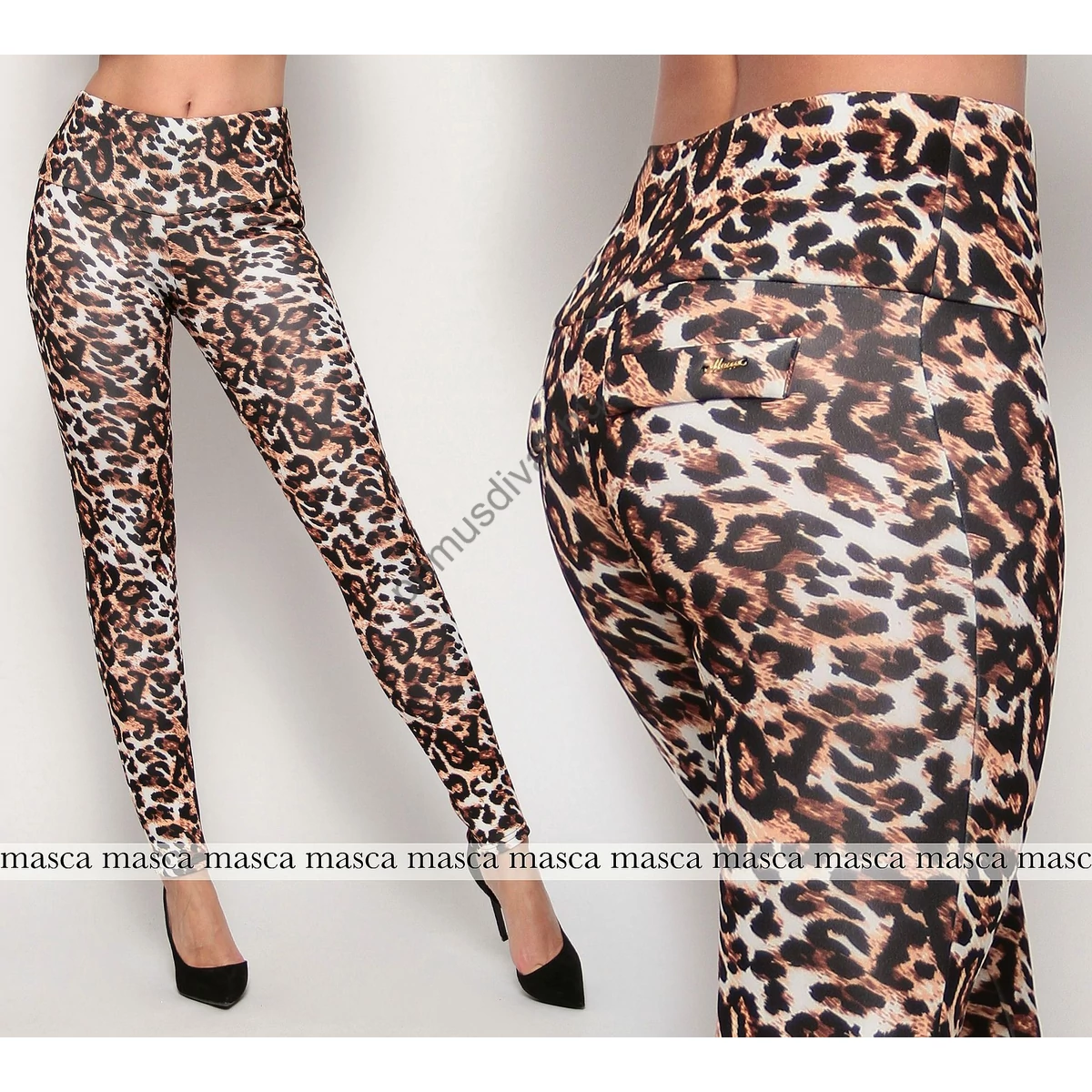 Masca Fashion magas derekú, párducmintás rugalmas vastag punto anyagú leggings, cicanadrág, hátán zsebfedőkkel