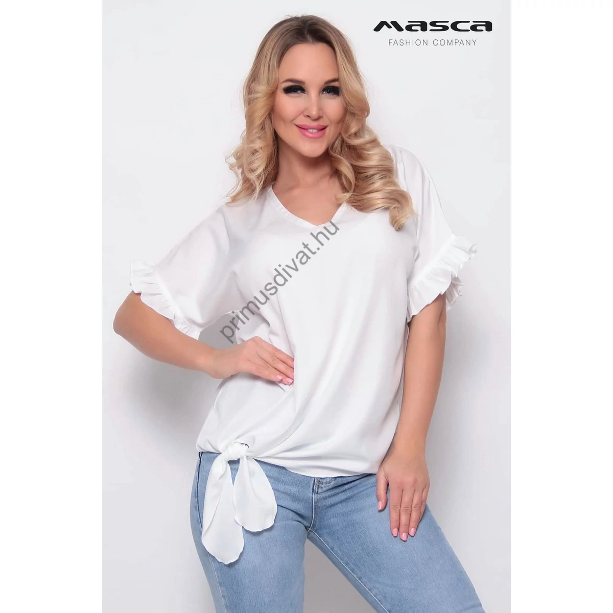 Masca Fashion V-nyakú, fodorszegélyes rövid ujjú, eleje oldalán megköthető ekrü színű laza felső, szövött könnyű blúzanyagból