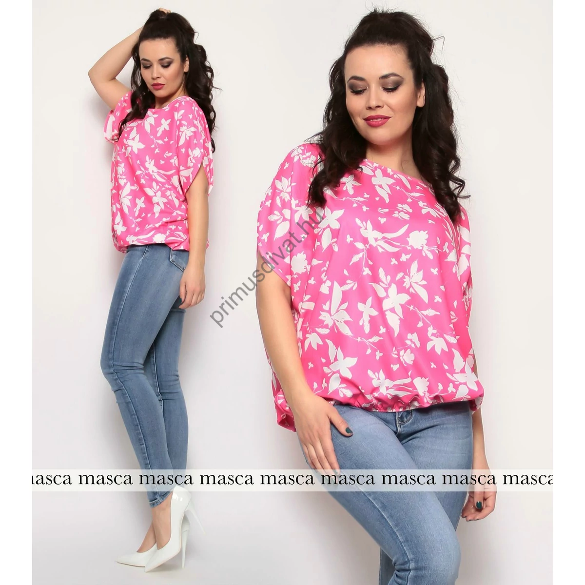 Masca Fashion csónaknyakú rövid ujjú fehér növénymintás rózsaszín lezser felső, szövött blúzanyagból, csípőjén gumis behúzással, könnyen kezelhető, selymes tapintású szövött blúzanyagból