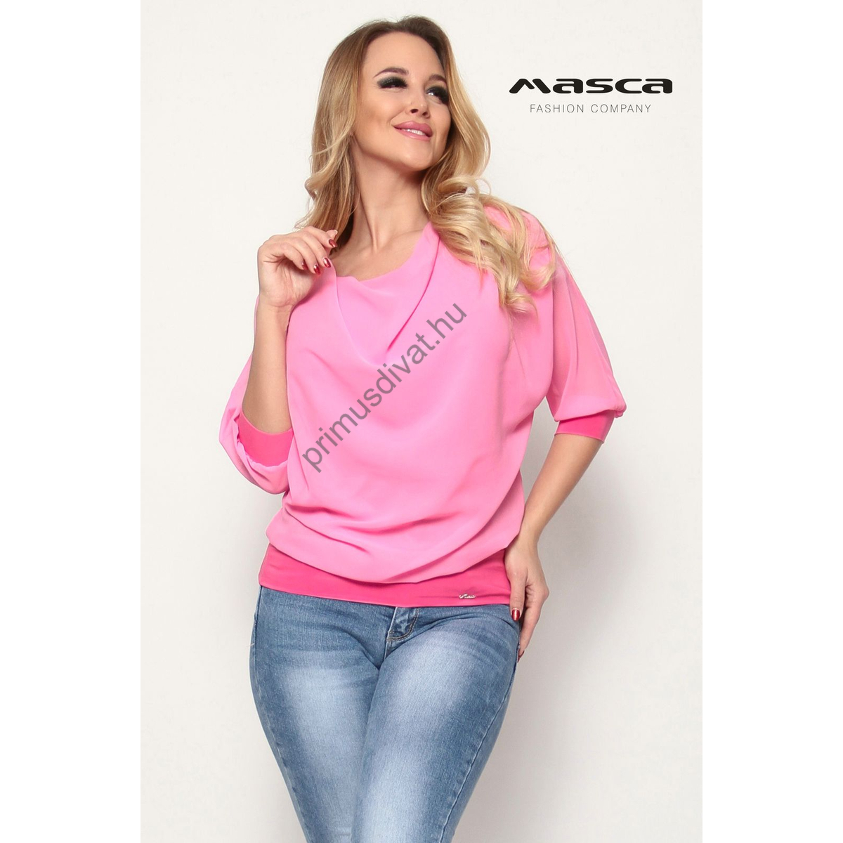 Masca Fashion kámzsanyakú, háromnegyedes ujjú, testrészén alábélelt rózsaszín muszlin laza felső, ujján és csípőjén rugalmas passzéval