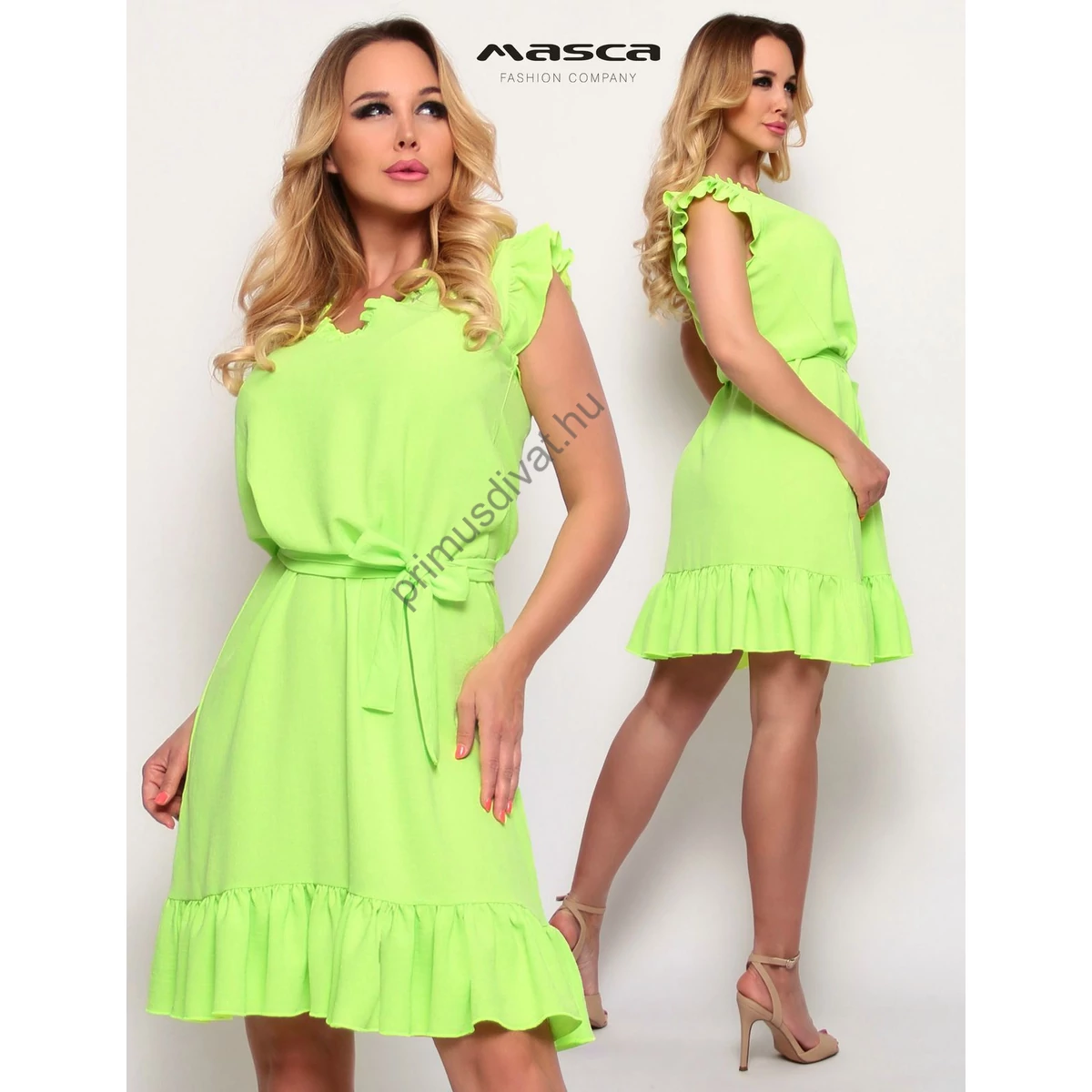 Masca Fashion fodorszegélyes V-nyakú, ujjatlan, neon-zöld kreppes anyagú, fodros aljú lenge ruha, megkötős övvel
