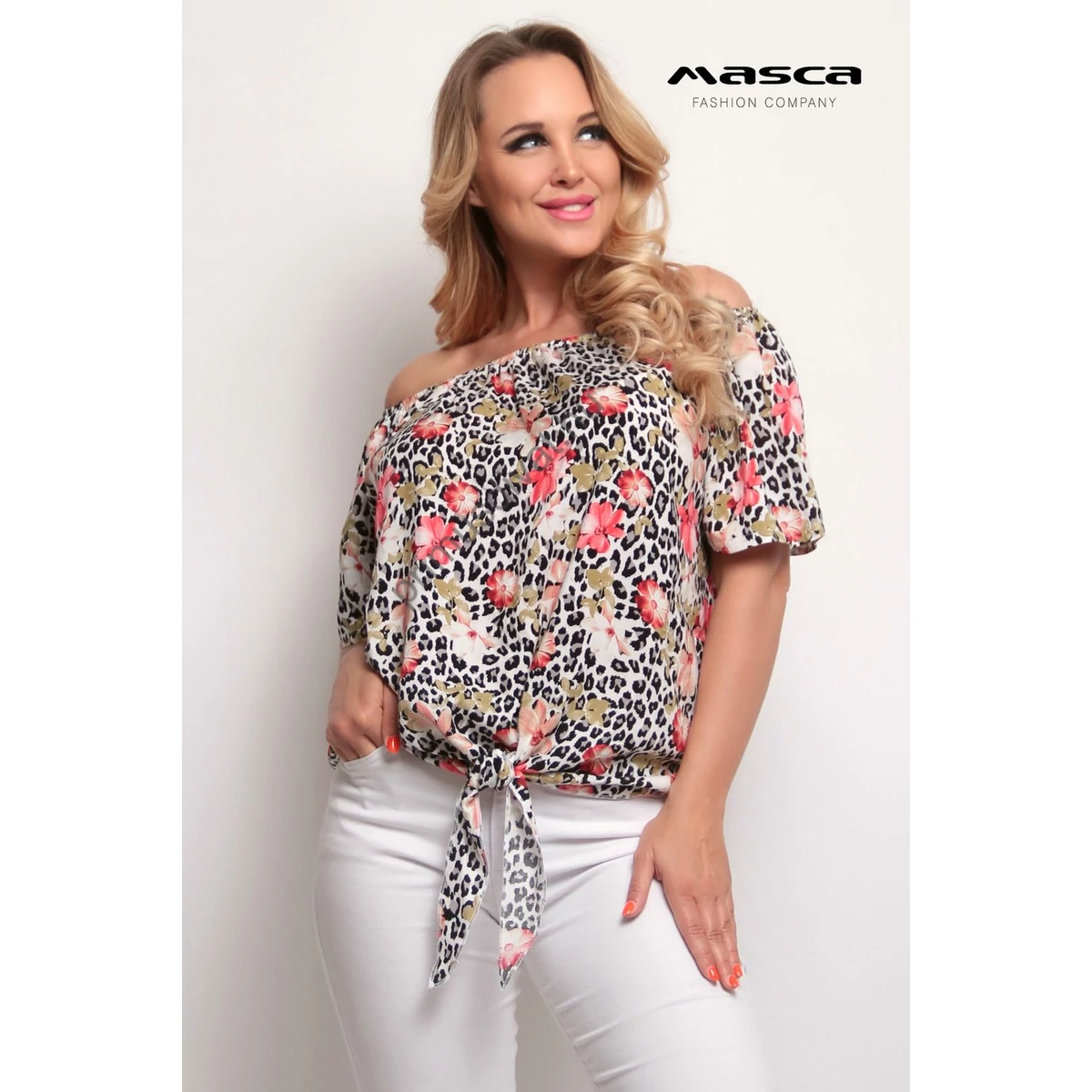 Masca Fashion gumírozott nyakú, párduc- és virágmintás rövid ujjú, elején megköthető laza felső, könnyen kezelhető szövött anyagból
