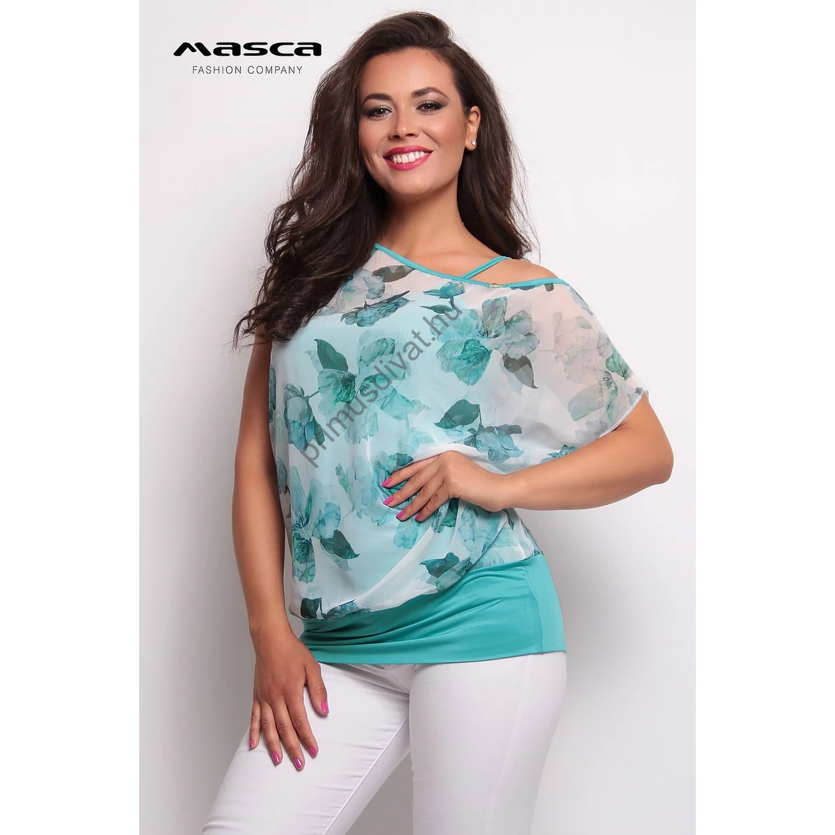 Masca Fashion kétrétegű, virágmintás laza muszlin felsőrészű, spagettipántos trikó alábélelésű türkizzöld felső, csípőjén széles passzéval