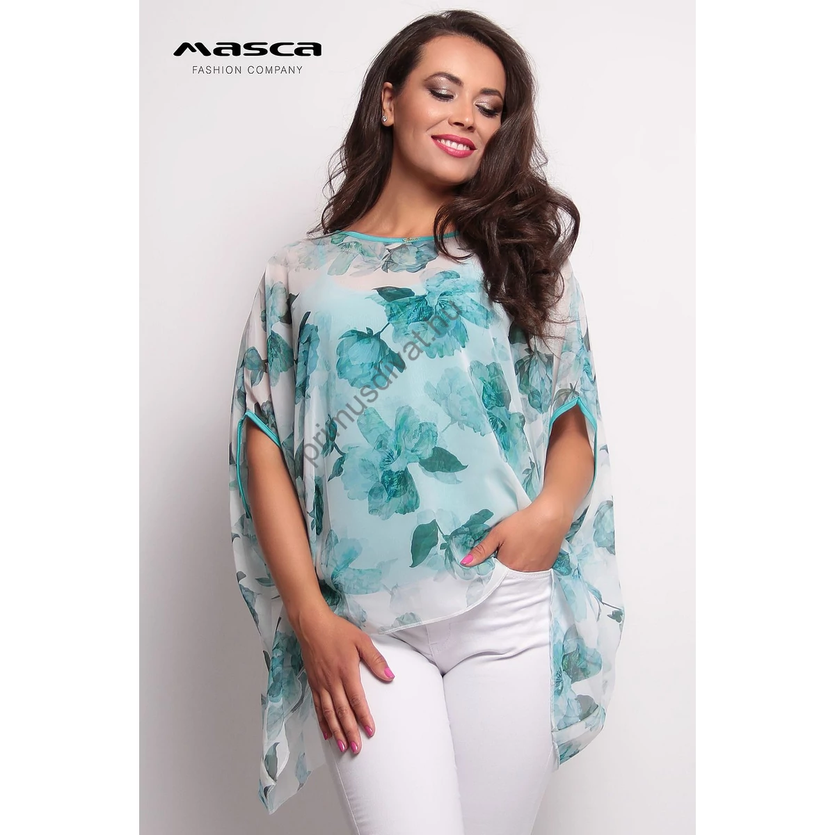 Masca Fashion két részes lenge nyári felső, virágmintás laza muszlin felsőrésszel, türkizzöld spagettipántos szűk trikó alsó résszel