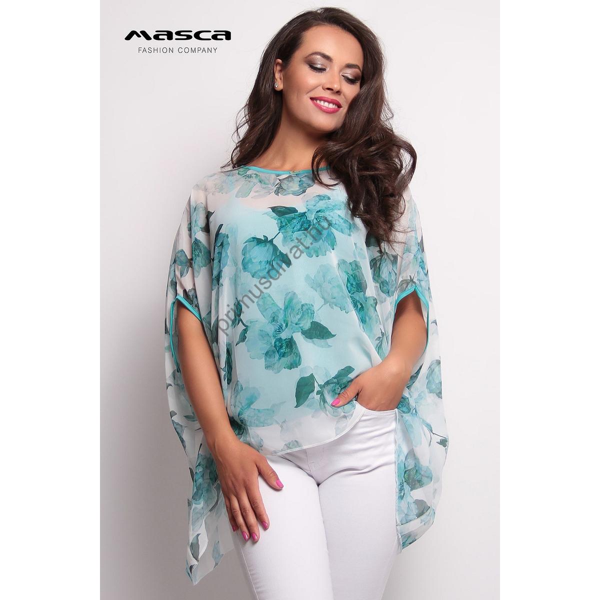 Masca Fashion két részes lenge nyári felső, virágmintás laza muszlin felsőrésszel, türkizzöld spagettipántos szűk trikó alsó résszel