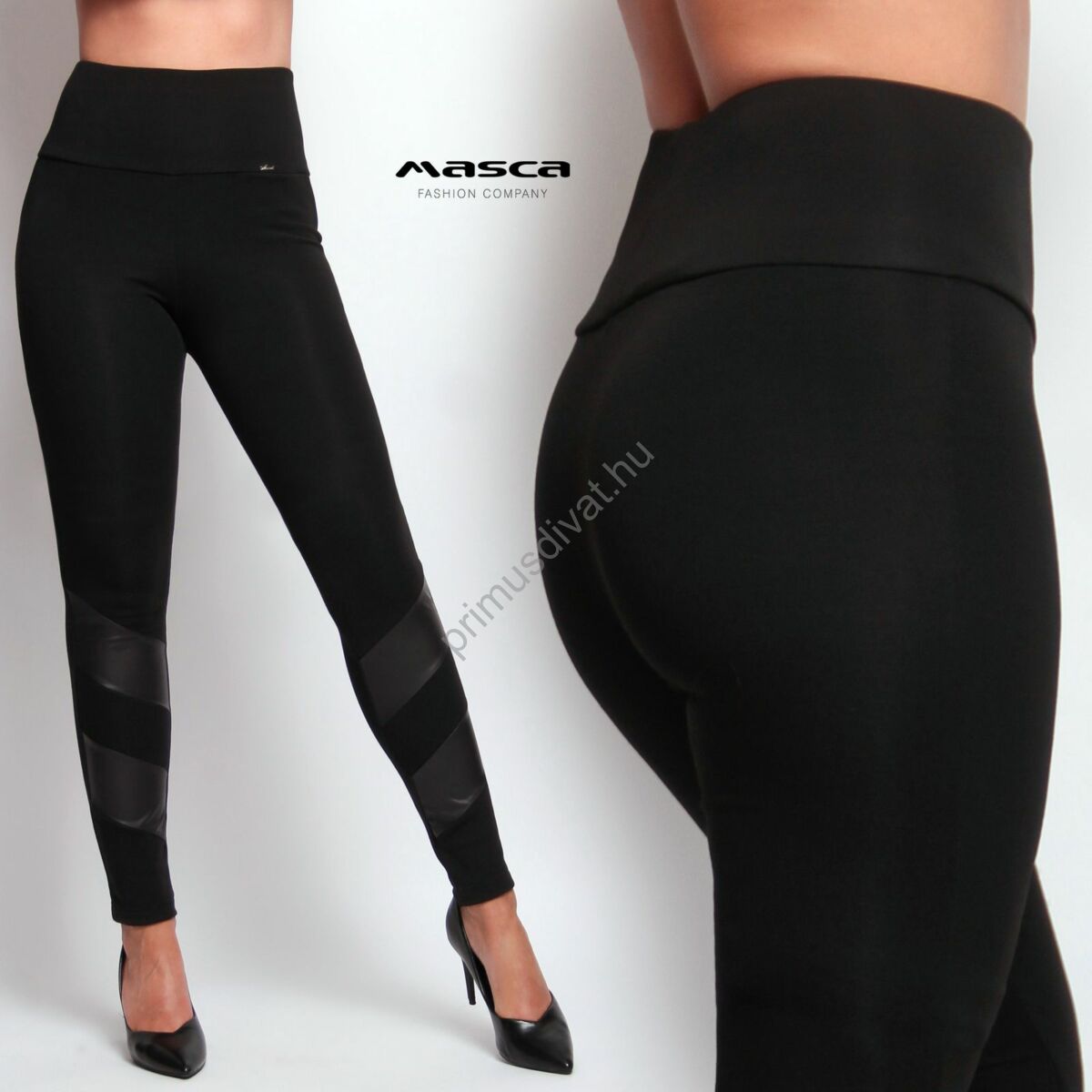 Masca Fashion magasított derekú, belül bolyhos fekete elasztikus viszkóz leggings, cicanadrág, szára alján textilbőr betéttel
