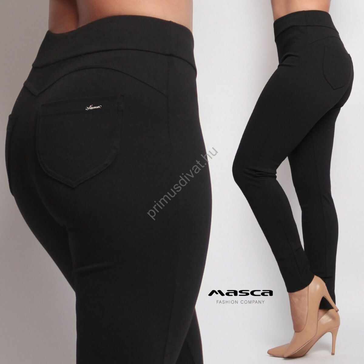 Masca Fashion magasított derekú fekete elasztikus punto leggings, cicanadrág, hátul íves szabással, zsebekkel
