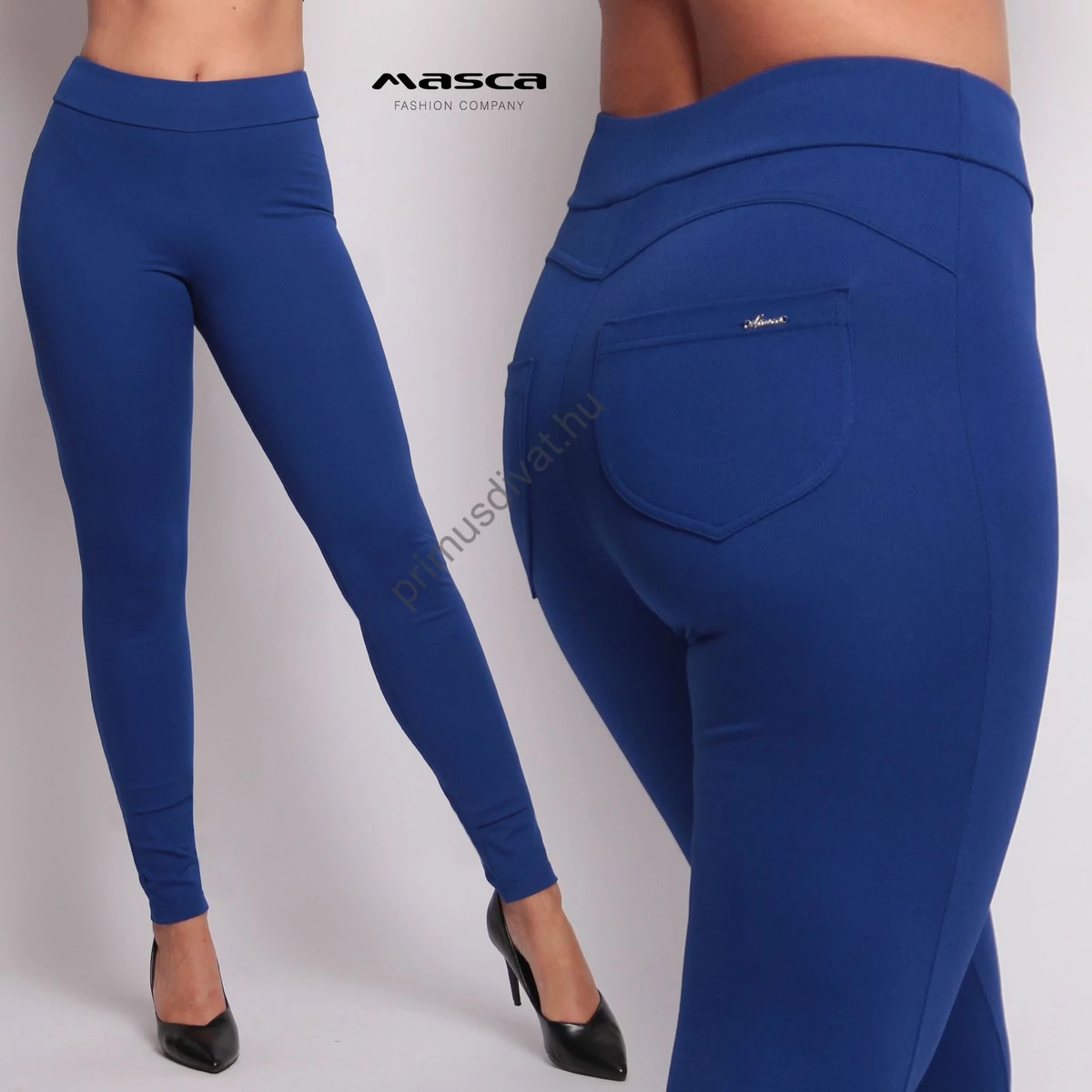 Masca Fashion magasított derekú királykék elasztikus punto leggings, cicanadrág, hátul íves szabással, zsebekkel