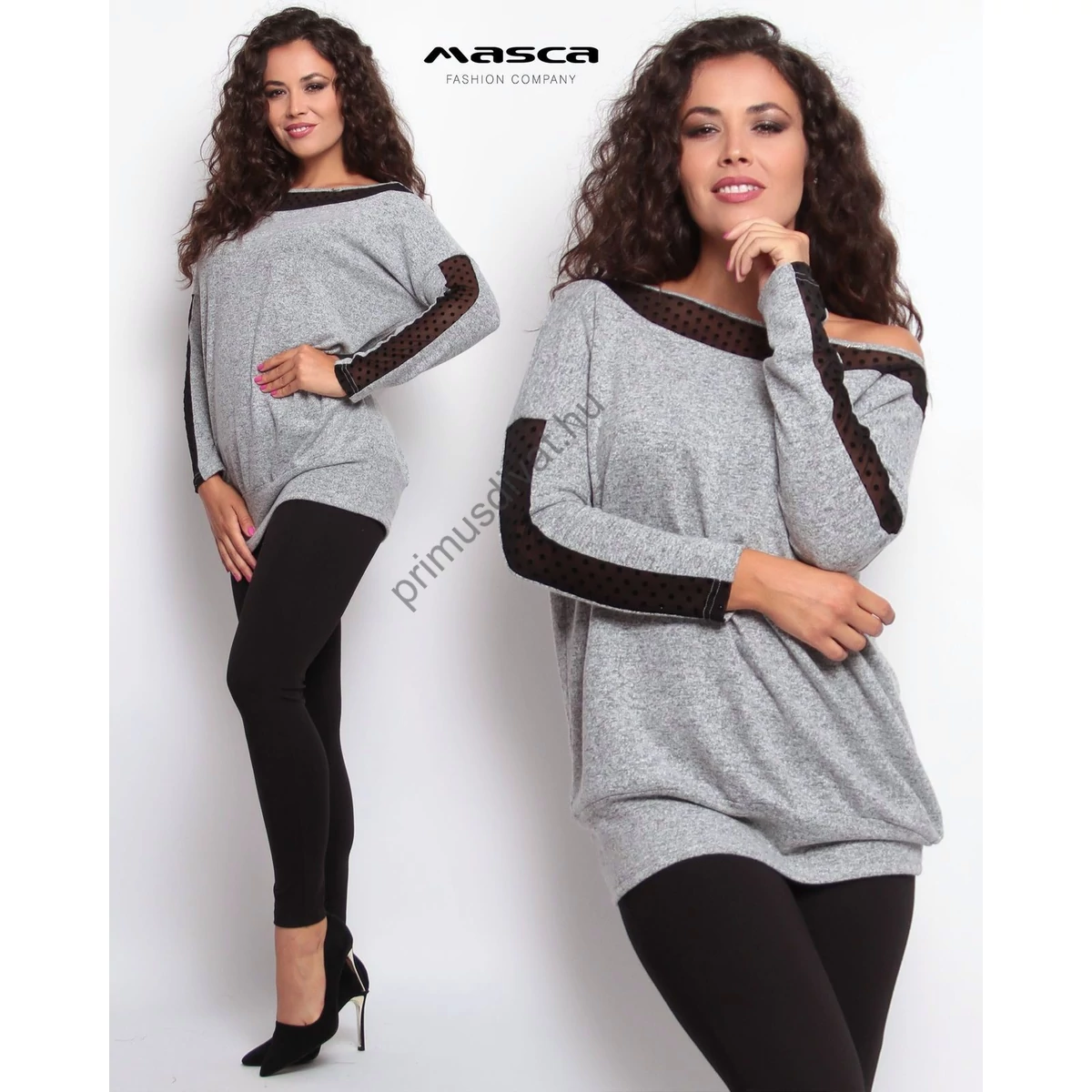 Masca Fashion csónaknyakú, fekete pöttyös necc betétes denevérujjú rugalmas kötött szürke melange tunika, csípőjén széles passzéval