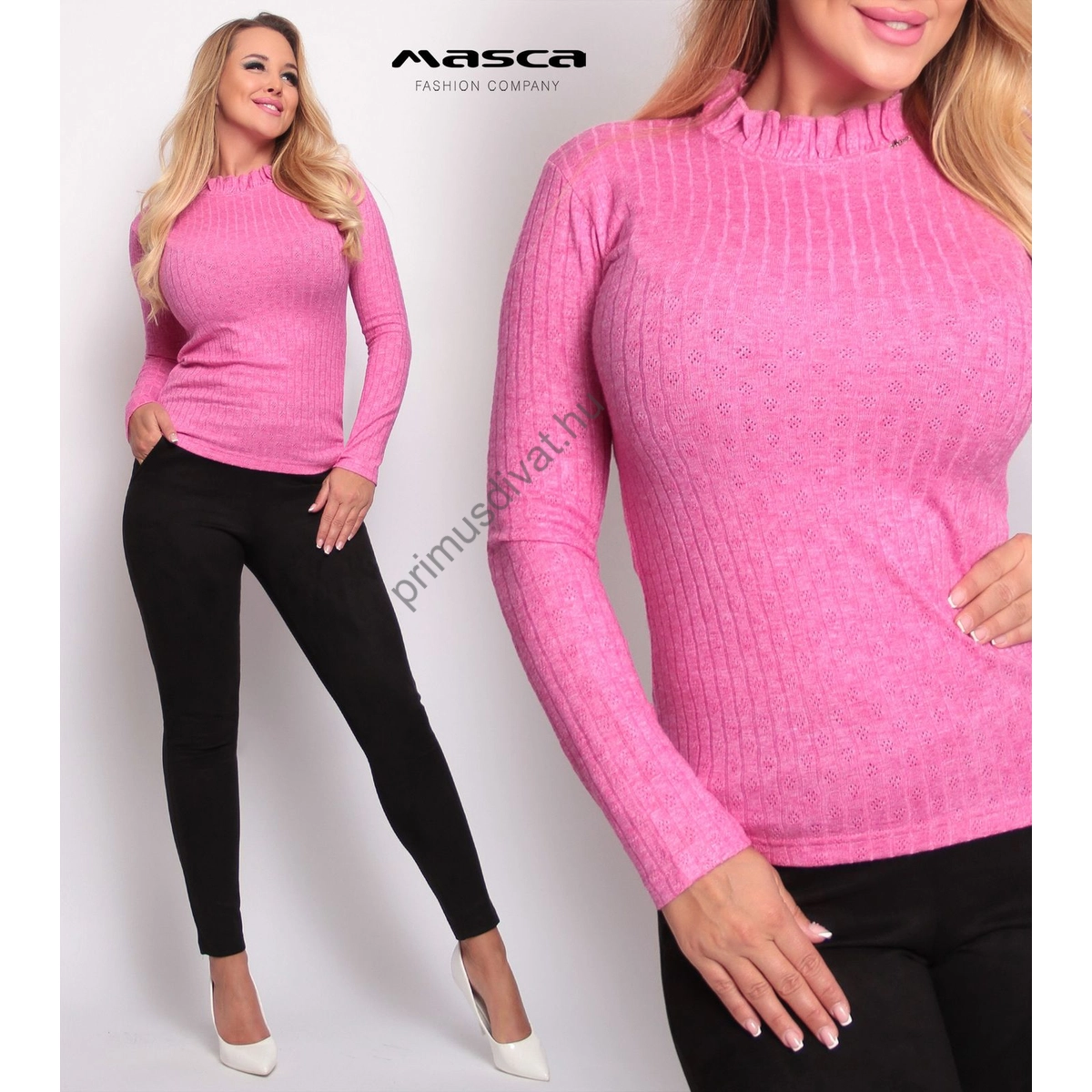 Masca Fashion fodorszegélyes környakas, anyagában mintás rugalmas vékony kötött pink-melange szűk hosszú ujjú felső, pulóver