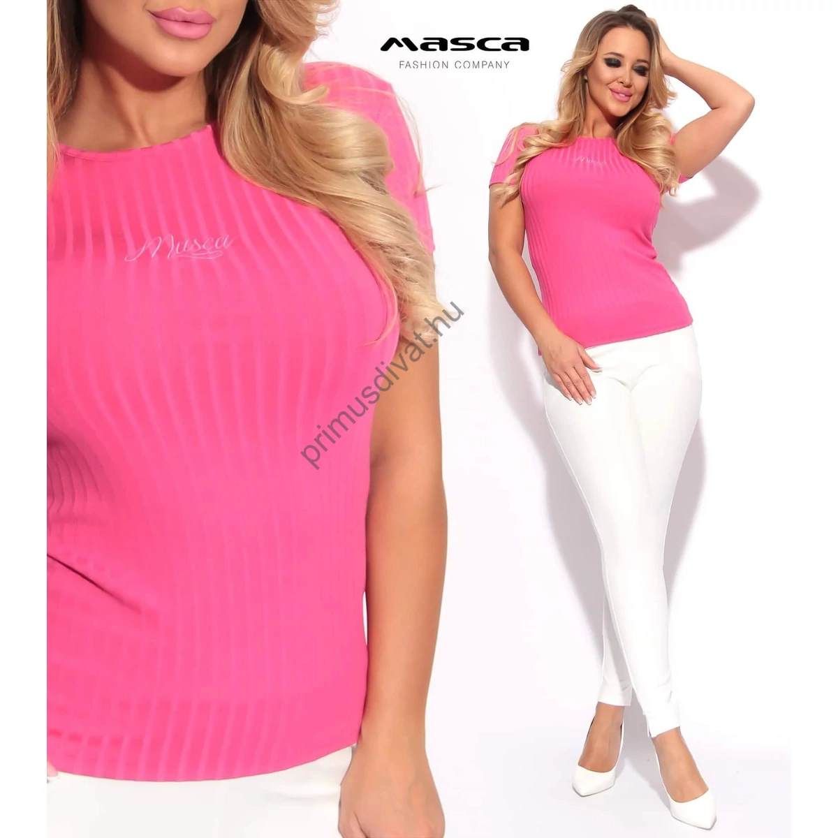 Masca Fashion bordázott anyagú, pink rövid ujjú szűk felső, mellén hímzett színazonos márkafelirattal