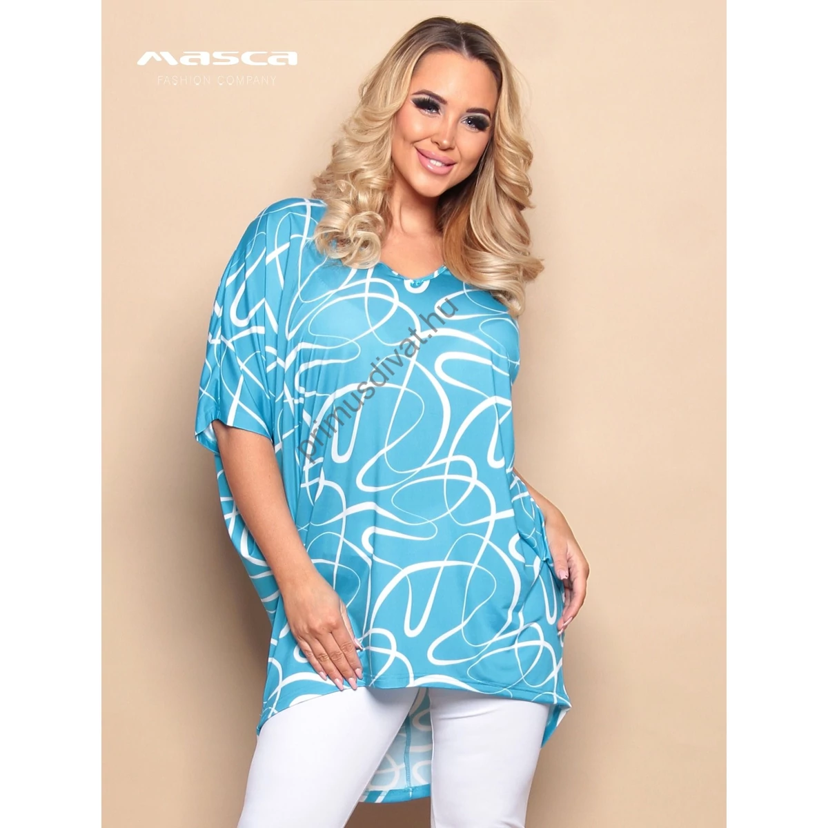 Masca Fashion fehér mintás tengerkék, rövid ujjú lezser oversize felső, tunika