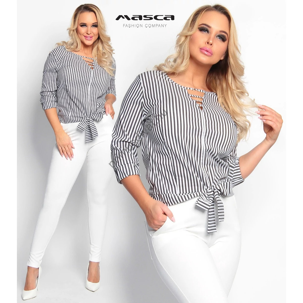 Masca Fashion szürke-fehér csíkos, pántokkal összefogott dekoltázsú, derekán megköthető laza felső, vékony, enyhén rugalmas blúzanyagból