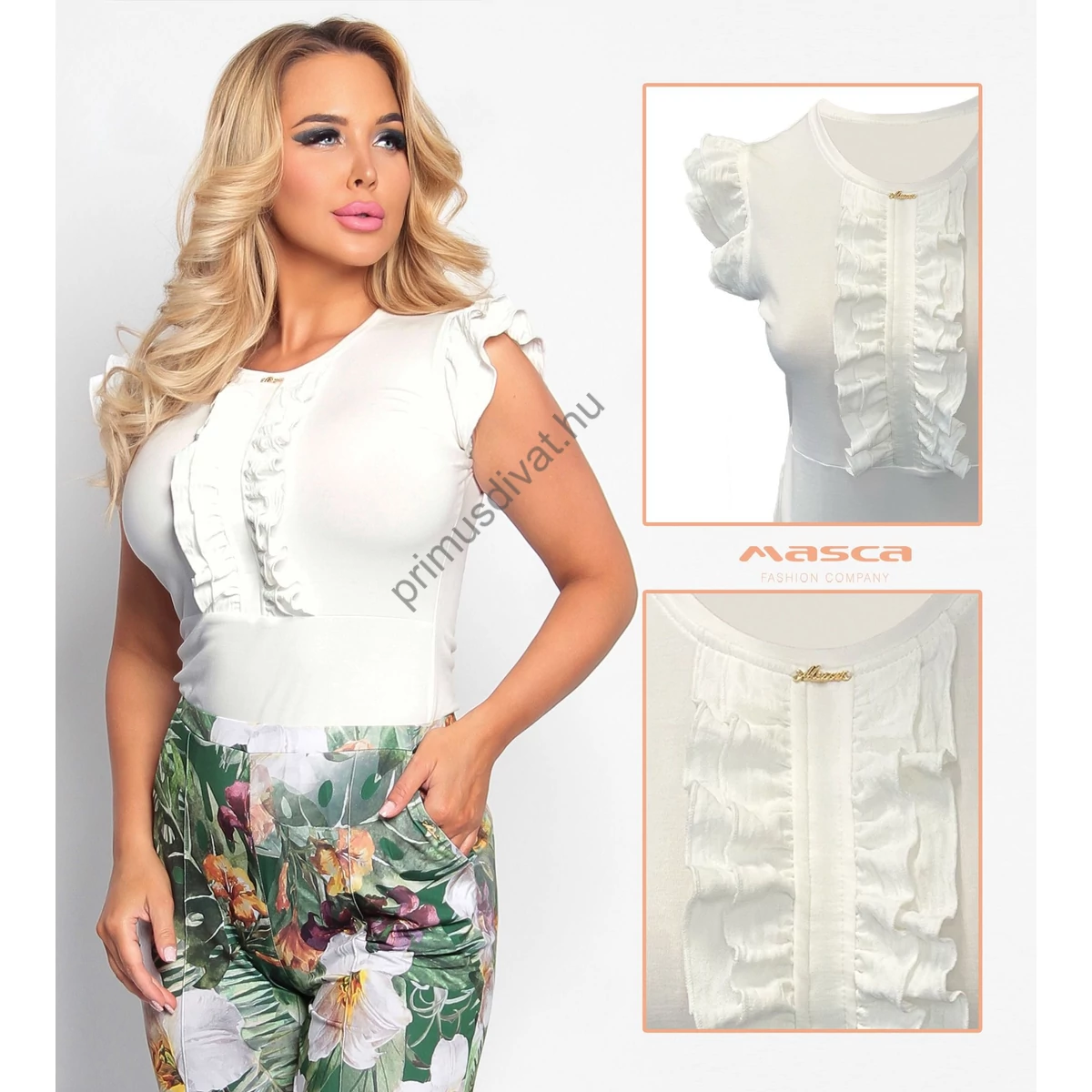 Masca Fashion rövid lepkeujjú, ekrü színű szűk viszkóz top, felső, elején zsabós rátéttel
