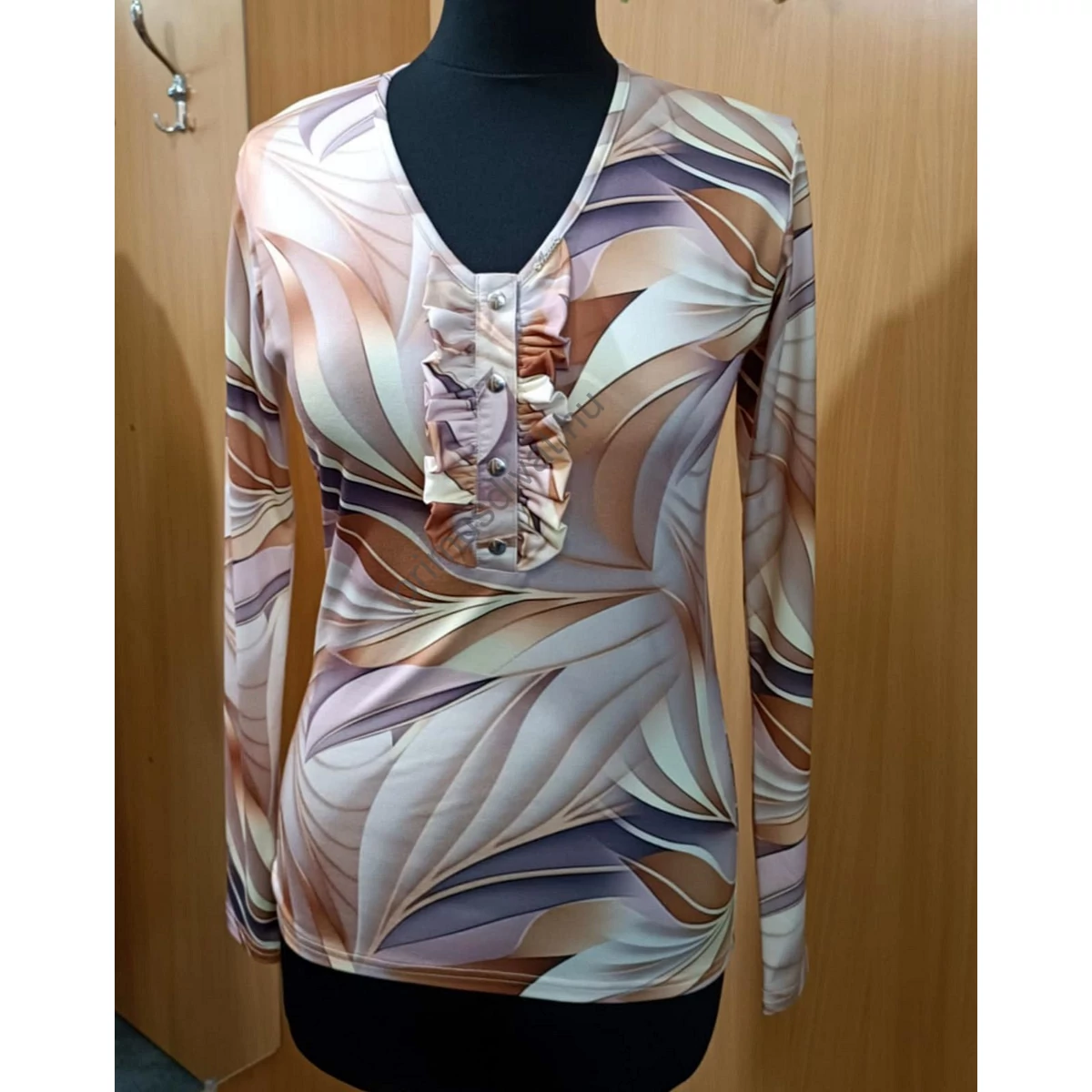 Masca Fashion őszi színárnyalatú mintás, elején fodorszegélyes nyitható patentos záródású, hosszú ujjú szűk felső