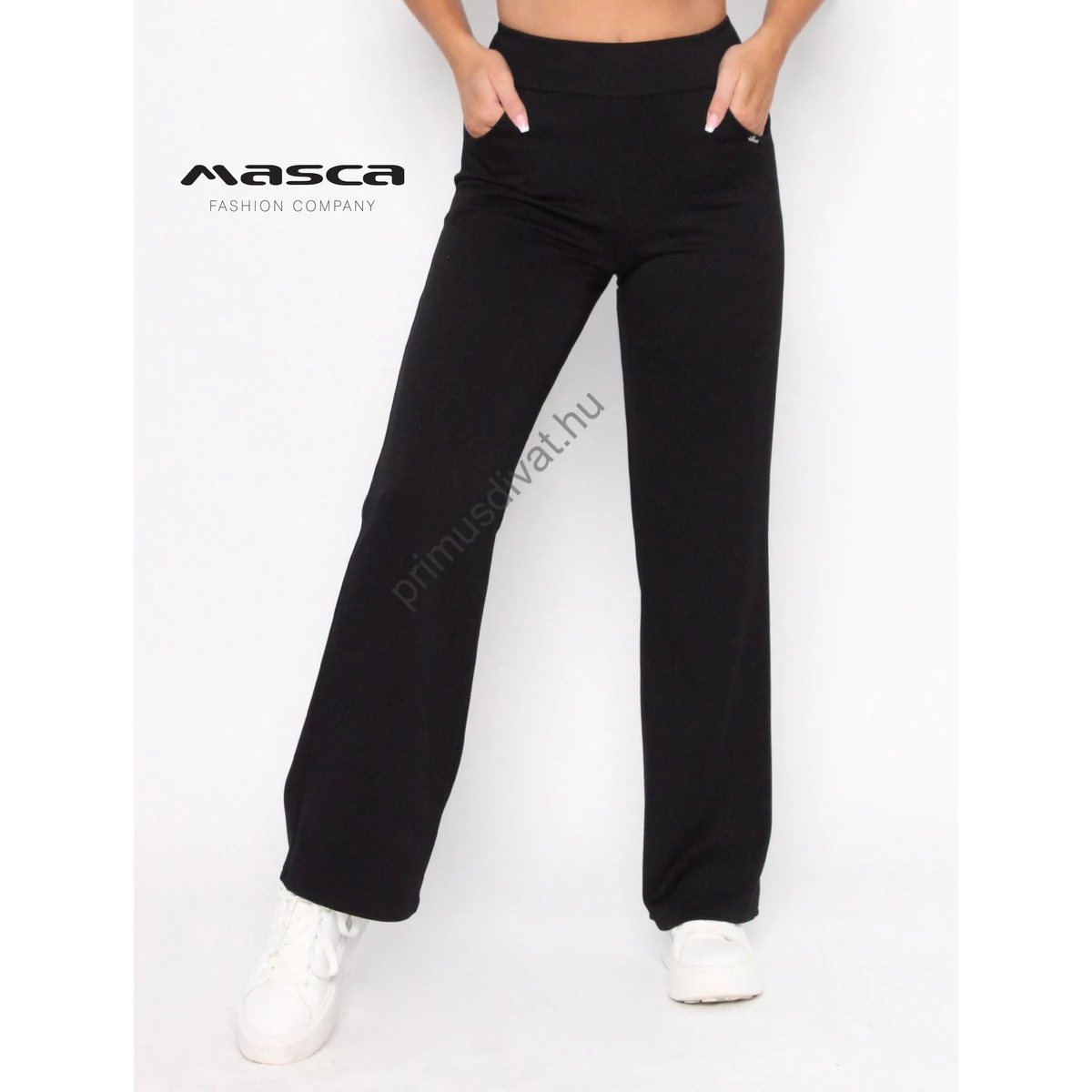 Masca Fashion fekete, gumis derekú zsebes, bő szárú rugalmas punto anyagú nadrág