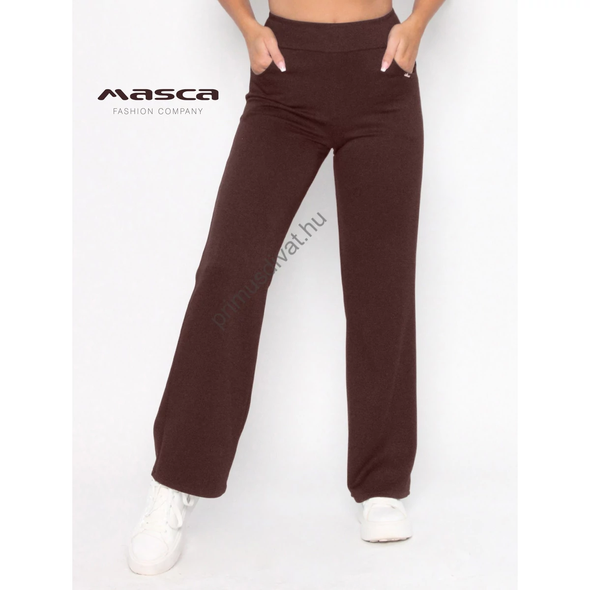 Masca Fashion sötétbarna, gumis derekú zsebes, bő szárú rugalmas punto anyagú nadrág