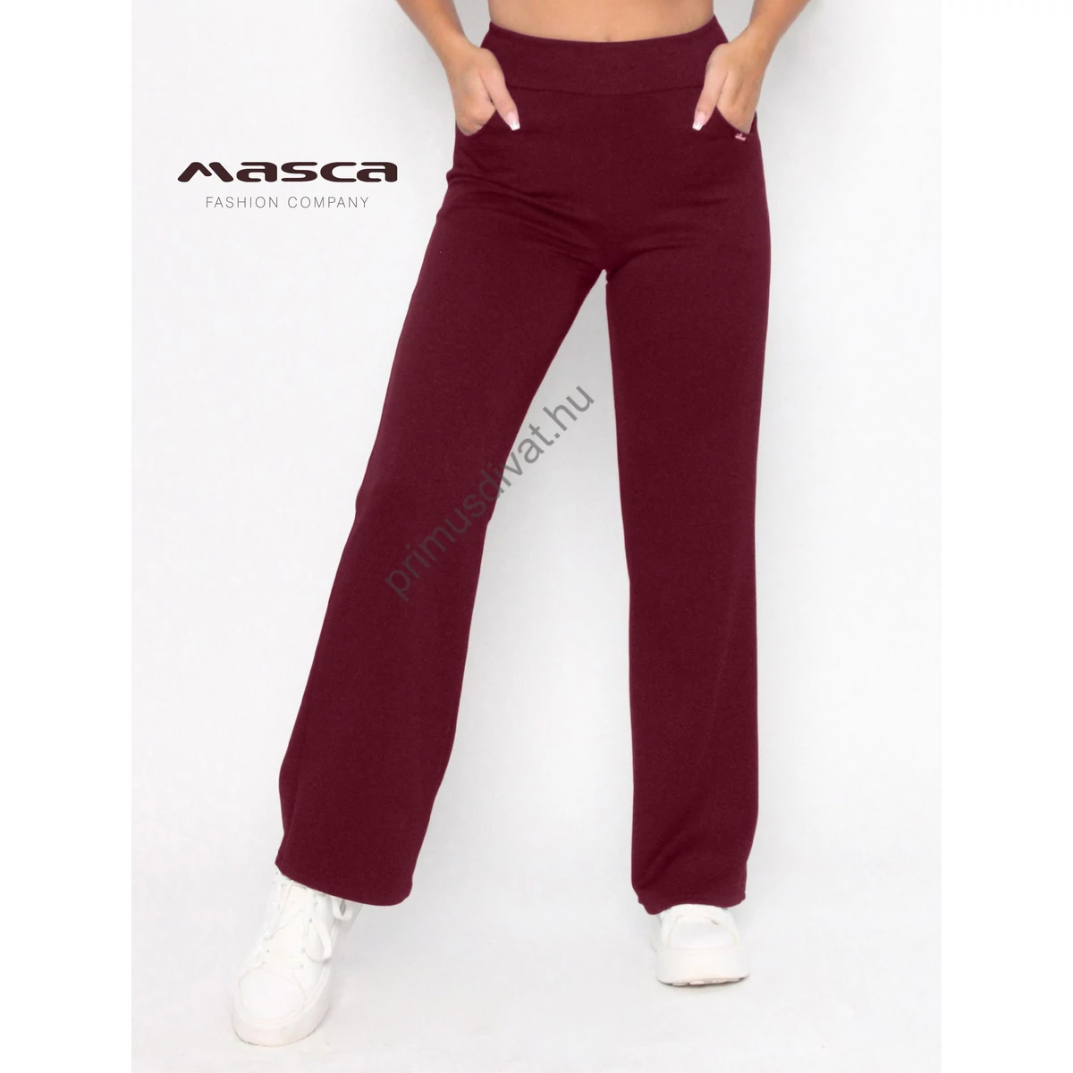 Masca Fashion burgundi bordó, gumis derekú zsebes, bő szárú rugalmas punto anyagú nadrág