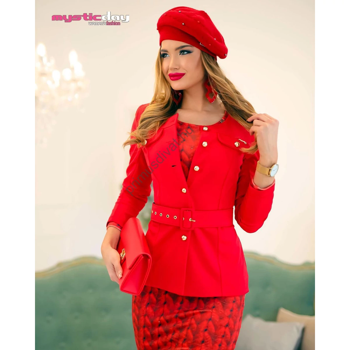 Mystic Day hosszú ujjú környakas piros Linett blézer, zakó, arany színű gombokkal, anyagából készült övvel