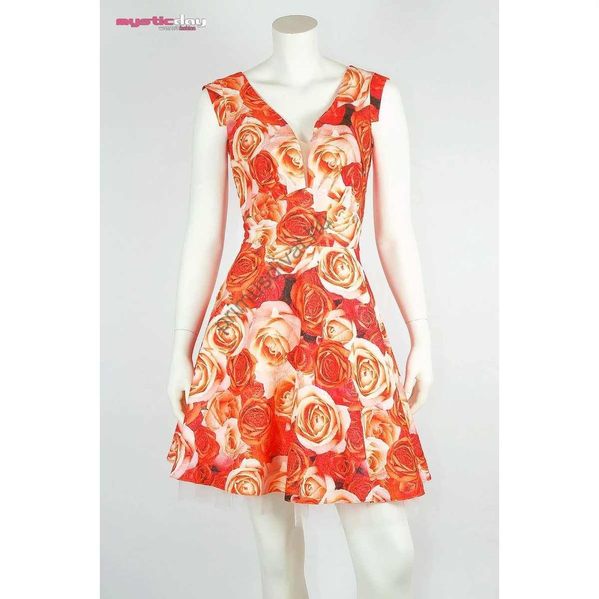 Mystic Day tüllel összefogott hasított dekoltázsú, korallos-narancs rózsamintás ujjatlan loknis alkalmi ruha, tüll szegélyes szatén alsószoknyával