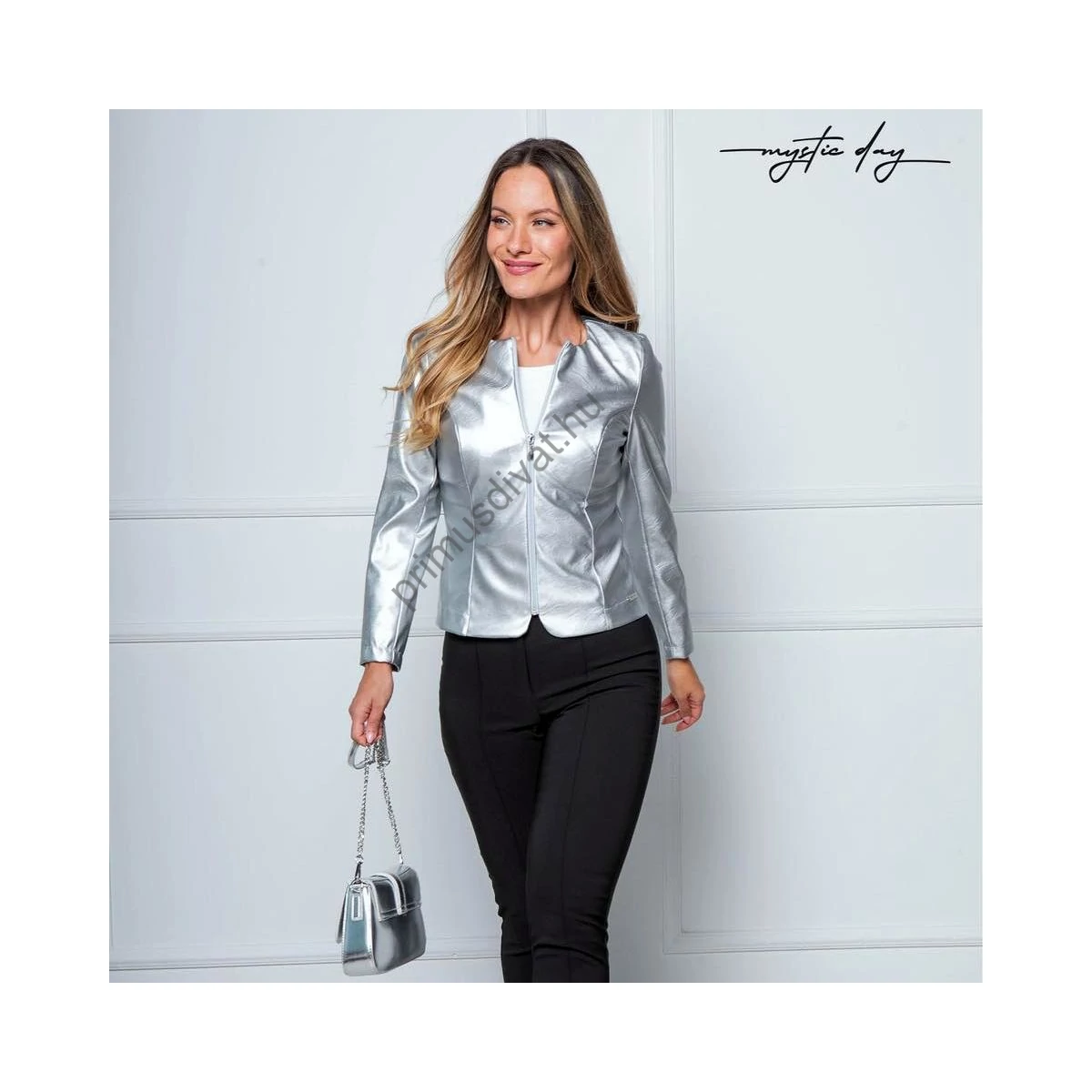 Mystic Day ezüst színű, bélés nélküli cipzáras műbőr blézer, dzseki