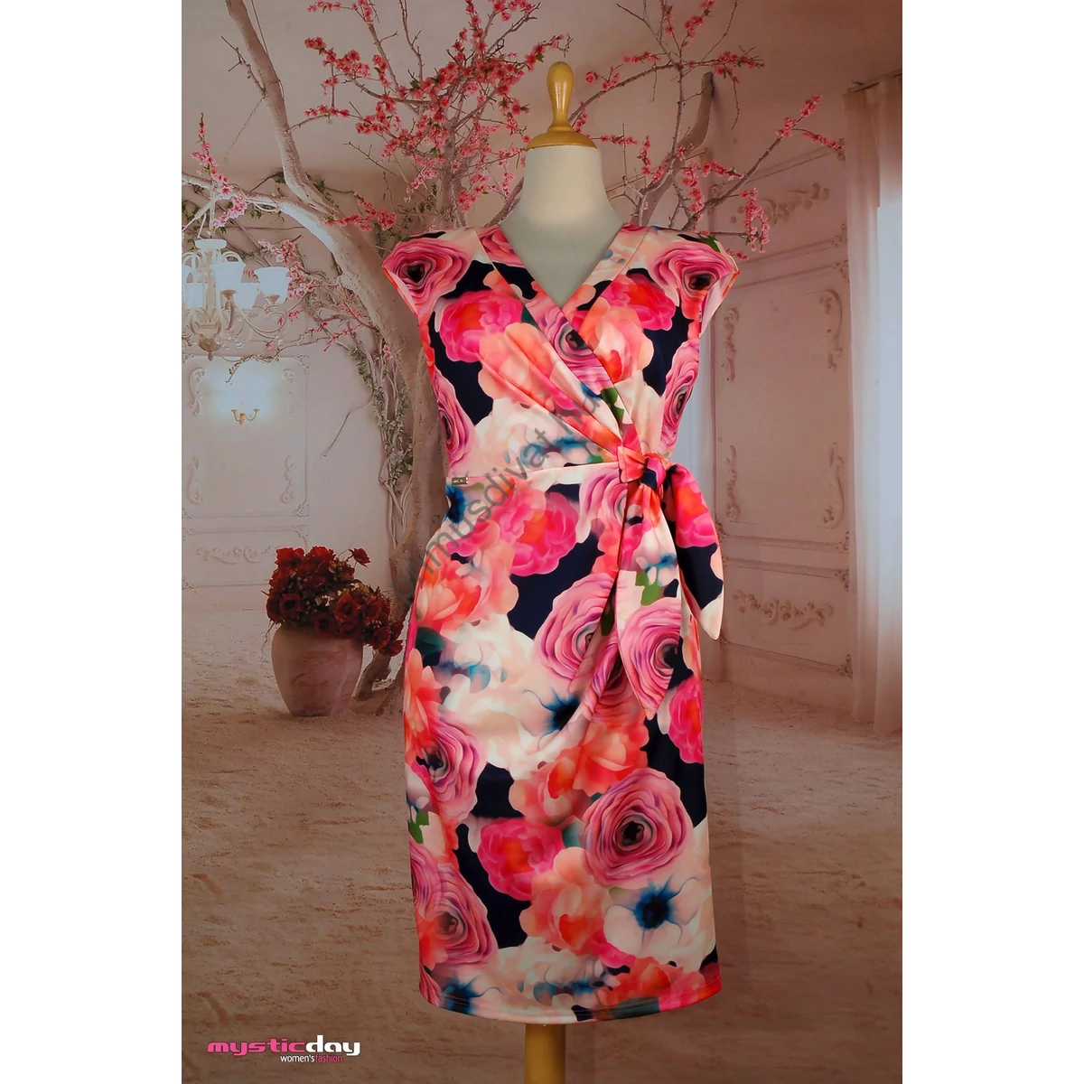 Mystic Day átlapolt mellrészű, derekán megkötős színes virágmintás ujjatlan molett alkalmi Betty ruha