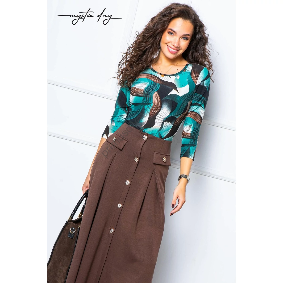 Mystic Day környakas, geometriai mintás háromnegyedes ujjú Honóra felső, puha tapintású pamutos anyagból