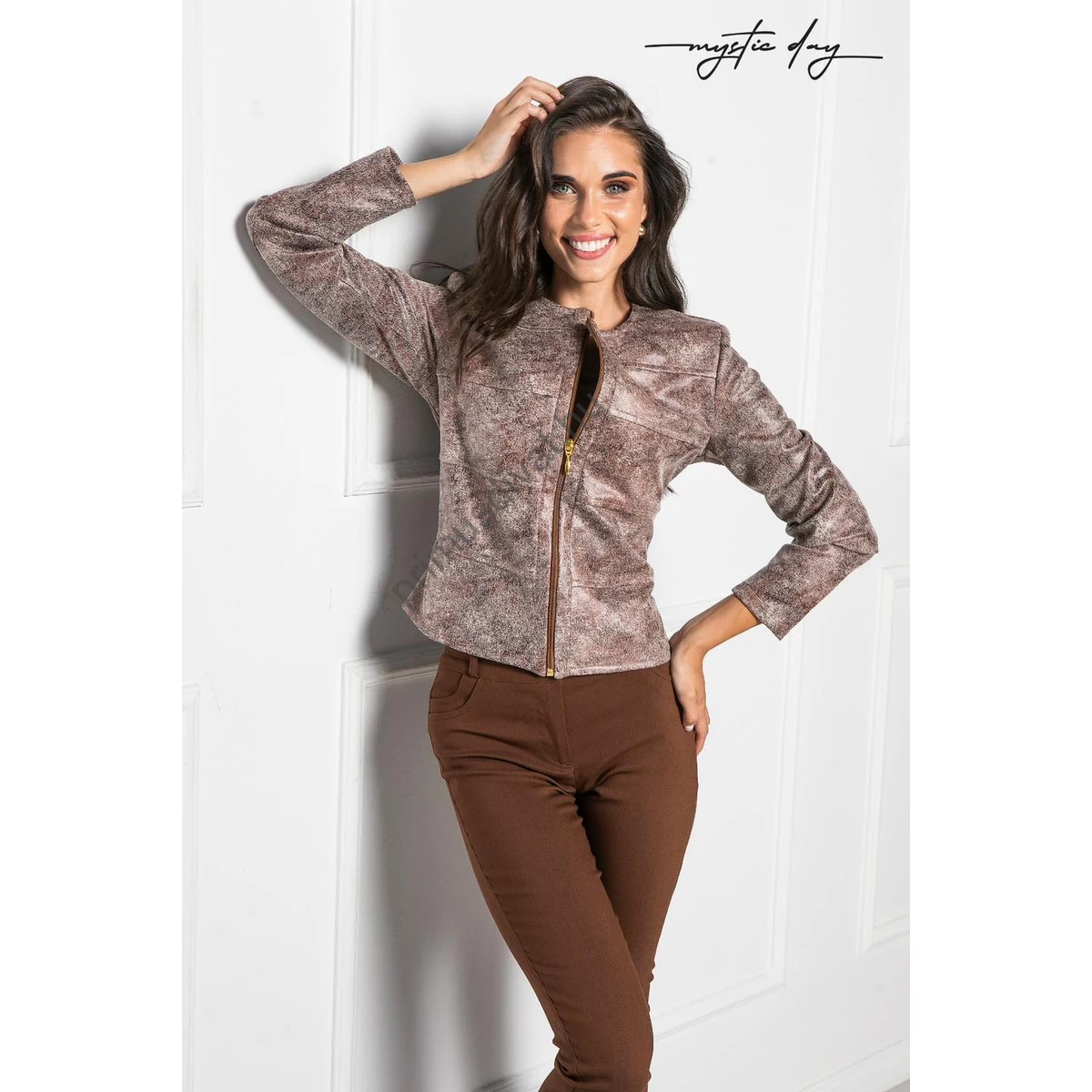 Mystic Day cipzáras, részekből szabott bélés nélküli, márványmintás barna műbőr Zoé dzseki, kabátka, kivehető válltömésekkel