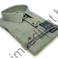 Balance nyomott zöld-drapp-szürke apró geometriai mintás hosszú ujjú rugalmas, karcsúsított Elia slim-fit ing