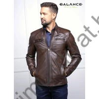 Balance enyhén karcsúsított cipzáras sötétbarna borjúbőr Biker dzseki, kabát, mintás selyembélessel