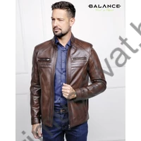 Balance enyhén karcsúsított cipzáras sötétbarna borjúbőr Biker dzseki, kabát, mintás selyembélessel