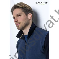 Balance állónyakú, vastag, puha pamut anyagú farmerkék-sötétkék színű cipzáras, zsebes Selan kardigán