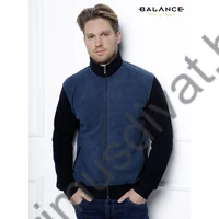 Balance állónyakú, vastag, puha pamut anyagú farmerkék-sötétkék színű cipzáras, zsebes Selan kardigán