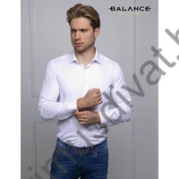 Balance normál galléros fehér, karcsúsított-nyújtott fazonú long-slim-fit rugalmas pamutszatén hosszú ujjú alkalmi ing