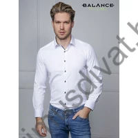 Balance rugalmas pamutszatén anyagú fehér hosszú ujjú karcsúsított Antibes slim-fit alkalmi ing, kék mintás betétekkel