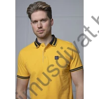 Balance galléros-gombos rövid ujjú Vison citromsárga színű piké póló, sötétkék betétekkel