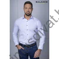 Balance rugalmas pamutszatén anyagú fehér hosszú ujjú karcsúsított Varda slim-fit alkalmi ing, kék karikamintás betétekkel