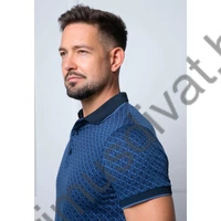 Balance kék márkalogómintás rugalmas pamut anyagú rövid ujjú, gombos-galléros nyakú JQ póló, gallérján és ujján kontrasztos paszpóllal