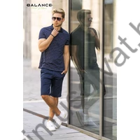 Balance bordásan hurkolt fehér csíkos sötétkék, galléros-gombos nyakú Lyner rövid ujjú póló