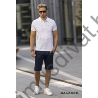 Balance bordásan hurkolt sötétkék csíkos fehér, galléros-gombos nyakú Lyner rövid ujjú póló. Mellén hímzett Balance monogram, oldalába bevarrva kis szövött címke található