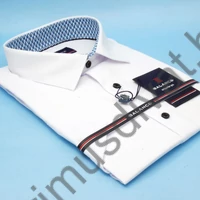 Balance normál galléros, fehér rugalmas pamutszatén, karcsúsított slim-fit rövid ujjú alkalmi Lois ing, nyaka belső oldalán kontrasztos mintás betéttel