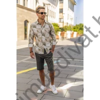 Balance enyhén karcsúsított hosszú ujjú, keki-drapp dzsungelmintás lenes hatású pamut anyagú lezser Paradise slim-fit ing