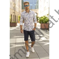Balance enyhén karcsúsított hosszú ujjú, fehér alapon kék növénymintás lenes hatású pamut anyagú lezser Paradise slim-fit ing