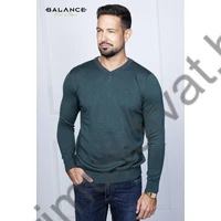 Balance vékony kötött V-nyakú olajzöld Melange pulóver