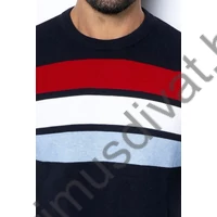 Balance környakas, fehér-piros-világoskék csíkos sötétkék vékony kötött BS pulóver