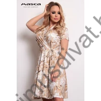 Masca Fashion átlapolt, mell alatt megkötős, loknis aljú drapp-fehér virágmintás, gumírozott rövid ujjú miniruha