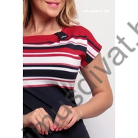 Masca Fashion nyakán rávarrott pánttal ráncolt környakas, rövid ujjú szűk, piros-fehér csíkos sötétkék felső