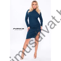 Masca Fashion magasított nyakú, bordás vékony kötött anyagú petrolkék hosszú ujjú miniruha, oldalán felsliccelve, ráncolással